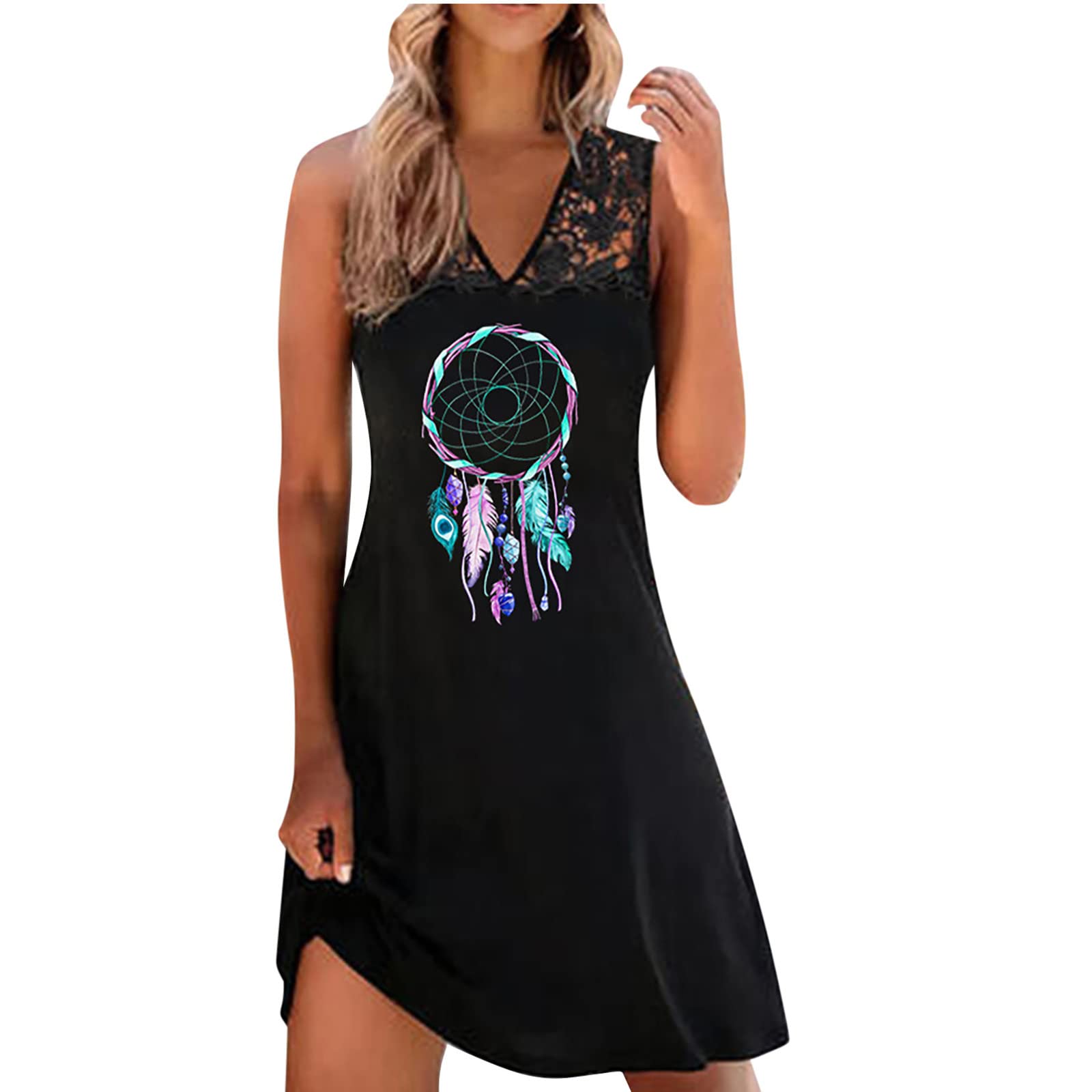 Women's Black A-Line Mini Swing Dress - Floral Printed Sleeveless Lace Beach Dress for Summer | Casual Party, Vacation & Date Night Outfits