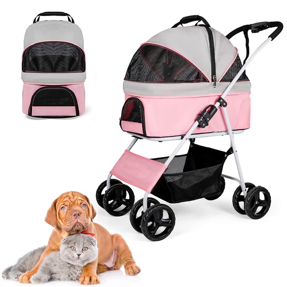 3-in-1 Folding Dog Stroller with Detachable Carrier - Lightweight Pet Stroller for Small & Medium Dogs & Cats (Up to 45 lbs) - Includes Storage Basket & Cup Holder - Perfect for Travel, Shopping & Outdoor Walks (Pink)