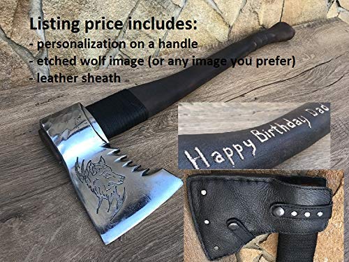 Personalized Viking Axe with Leather Sheath - Handcrafted Wolf Etched Design - Perfect Gift for Men, Dad & Handyman - Home Decor & Outdoor Tools for Camping, Woodworking & Survival