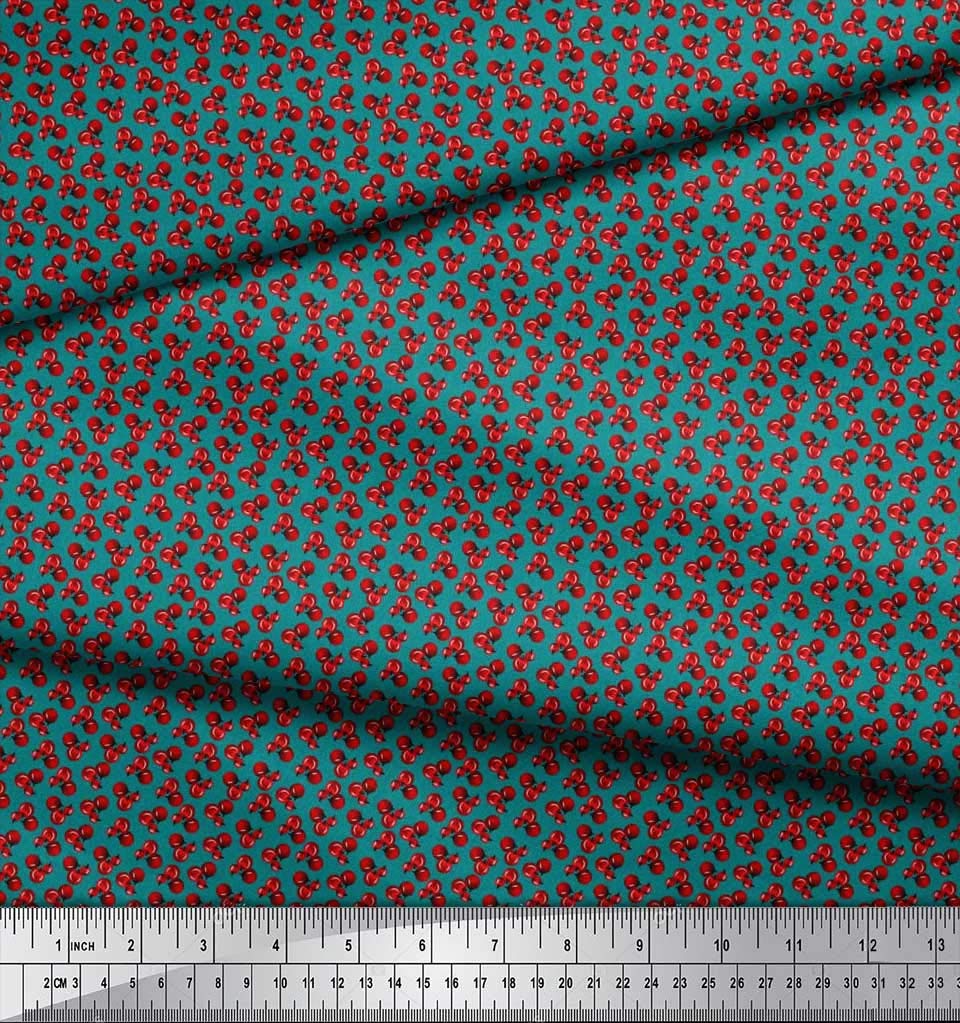 Soimoi Green Silk Fabric by The Yard - 42 Inch Wide - Red Berries Fruit Print Shirting Material for Dresses, Blouses & DIY Sewing Projects - Fruity Delight Design
