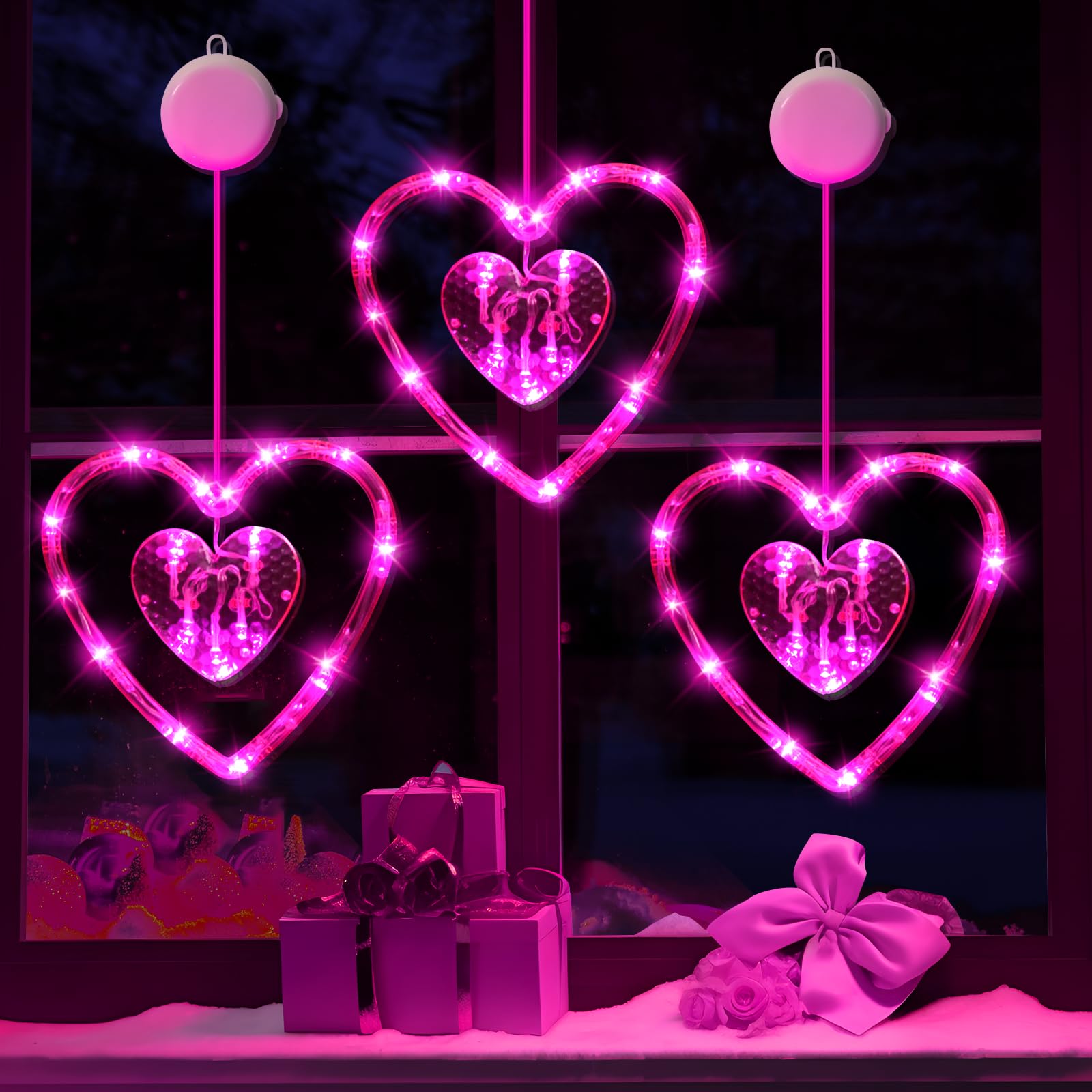 3 Pack Valentine's Day LED Window Lights - Battery Powered Heart Shaped Sucker Decor with Timer, Pink Hanging Lights for Indoor Home Holiday Decor (2025) | Perfect for Bedroom, Living Room & Party Decorations