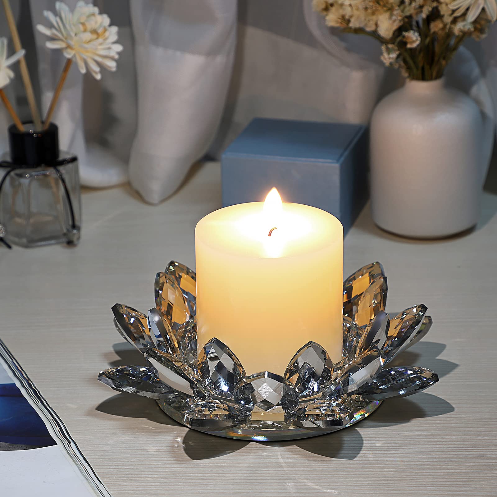 OwnMy Clear Glass Lotus Flower Candle Holder - 3