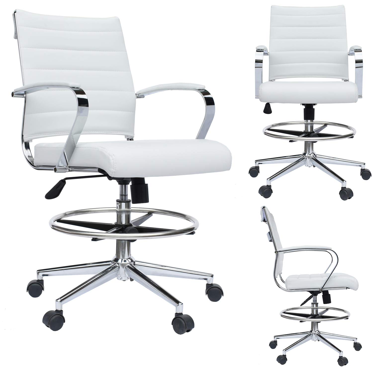2xhome Modern Adjustable Ergonomic Office Chair - White Designer Drafting Chair with Arms & Ribbed Back Support for Home Office, Computer Work & Creative Workspaces