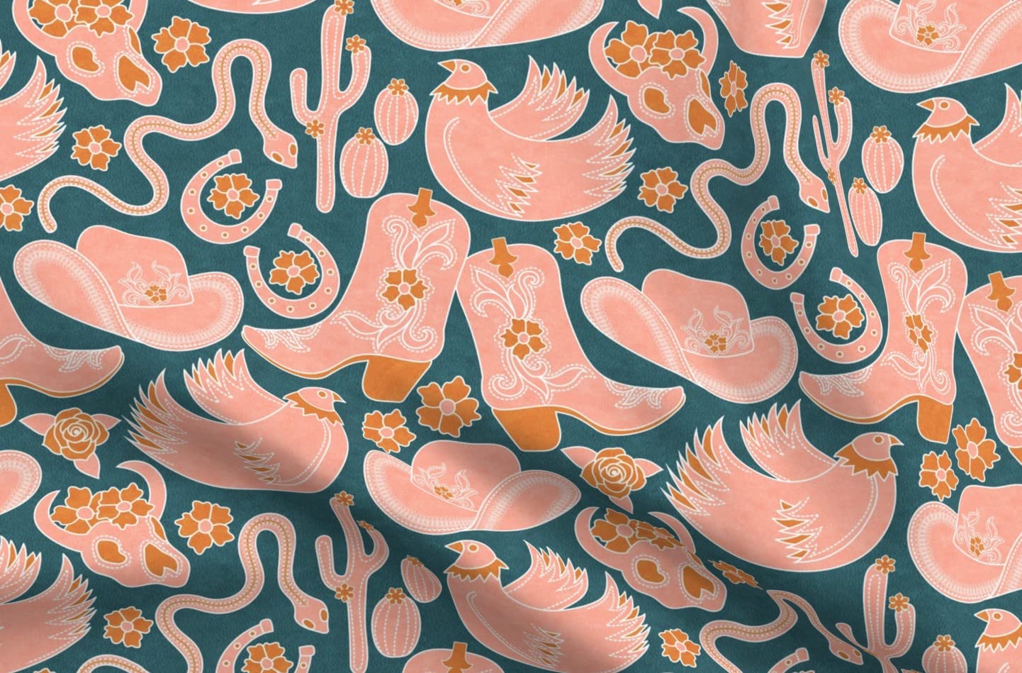 Feminine Western Rustic Country Blush Gold Floral Printed Denim Fabric by The Yard - Bottomweight Cotton Material for Cowgirl Apparel, Home Decor & Upholstery | Perfect for DIY Dresses, Curtains, Throw Pillows & Western-Themed Crafts