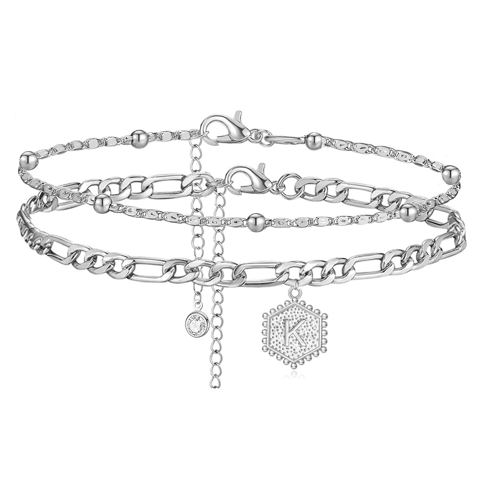 Silver Initial Anklet for Women & Men - Personalized Hexagon Beaded Cuban Link Ankle Bracelet with Letters - Dainty Name Jewelry for Teens & Adults - Perfect for Gifts, Everyday Wear & Beach Outfits