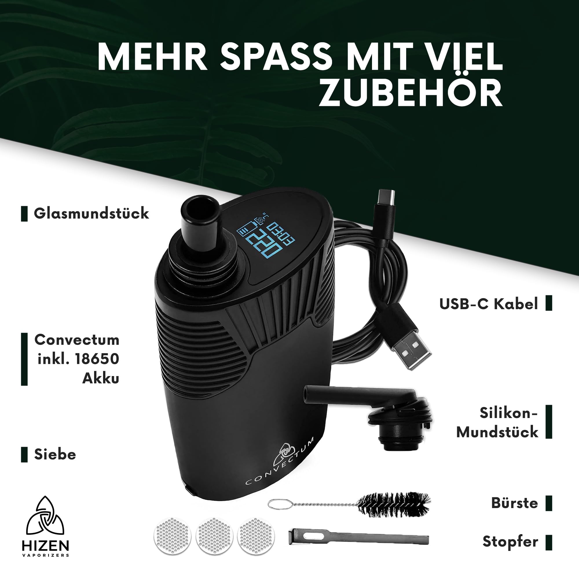 HIZEN Convection Vaporizer - USB C Herbal Vaporizer with 2 Mouthpieces, Replaceable 18650 LG Battery & Auto Timer - Perfect for Dry Herb Aromatherapy & Portable Vaping On-The-Go