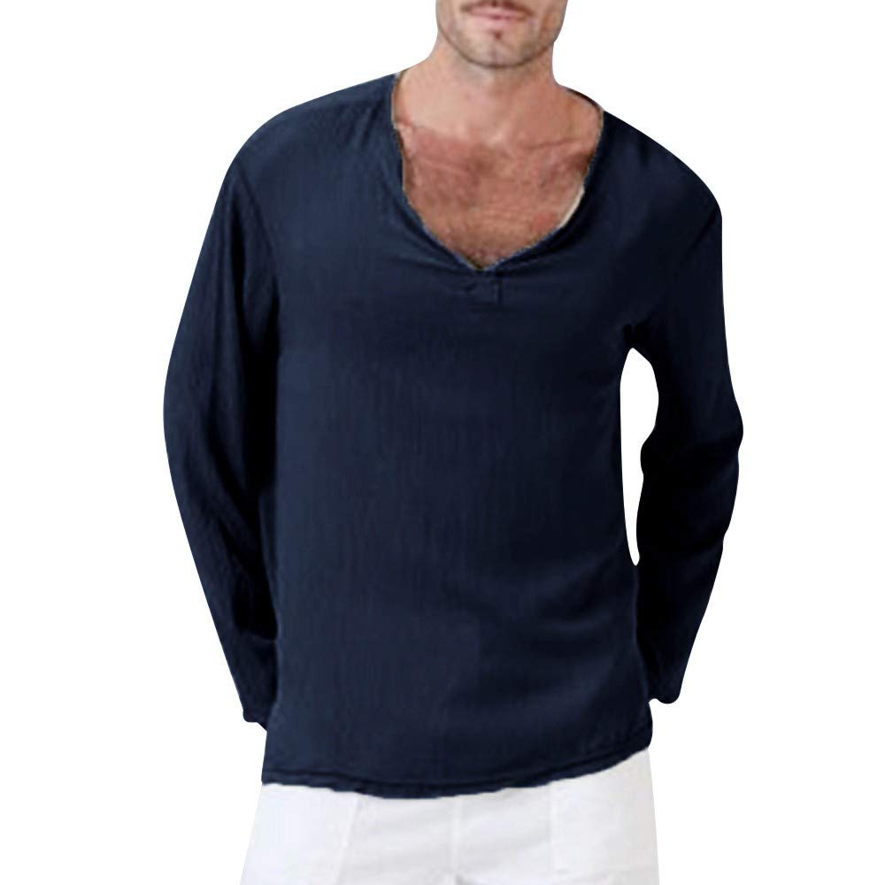 XXBR Men's Long Sleeve V-Neck Cotton T-Shirt - Solid Color Hippie Style Casual Beach Shirt (Plus Size Available) | Perfect for Yoga, Travel & Boho Fashion Outfits
