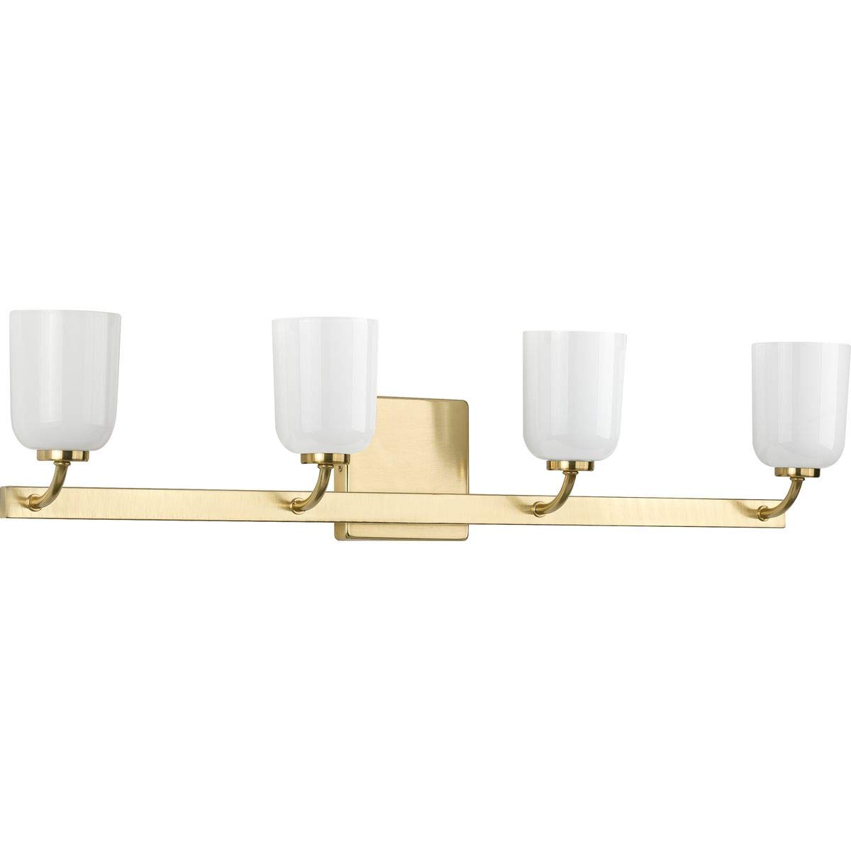 Progress Lighting Moore Collection 4-Light White Opal Glass Bathroom Vanity Light in Satin Brass - Elegant Bathroom Lighting Fixture for Modern Home Decor & Vanity Makeup Area