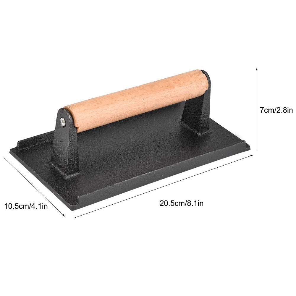 Heavy-Duty Cast Iron Grill Press - 8.1 x 4.1 x 2.8 Inch Non-Stick Steak & Bacon Press with Wooden Handle - Perfect for Hamburgers, Sandwiches & BBQ - Ideal for Grilling, Panini Pressing & Patty Making