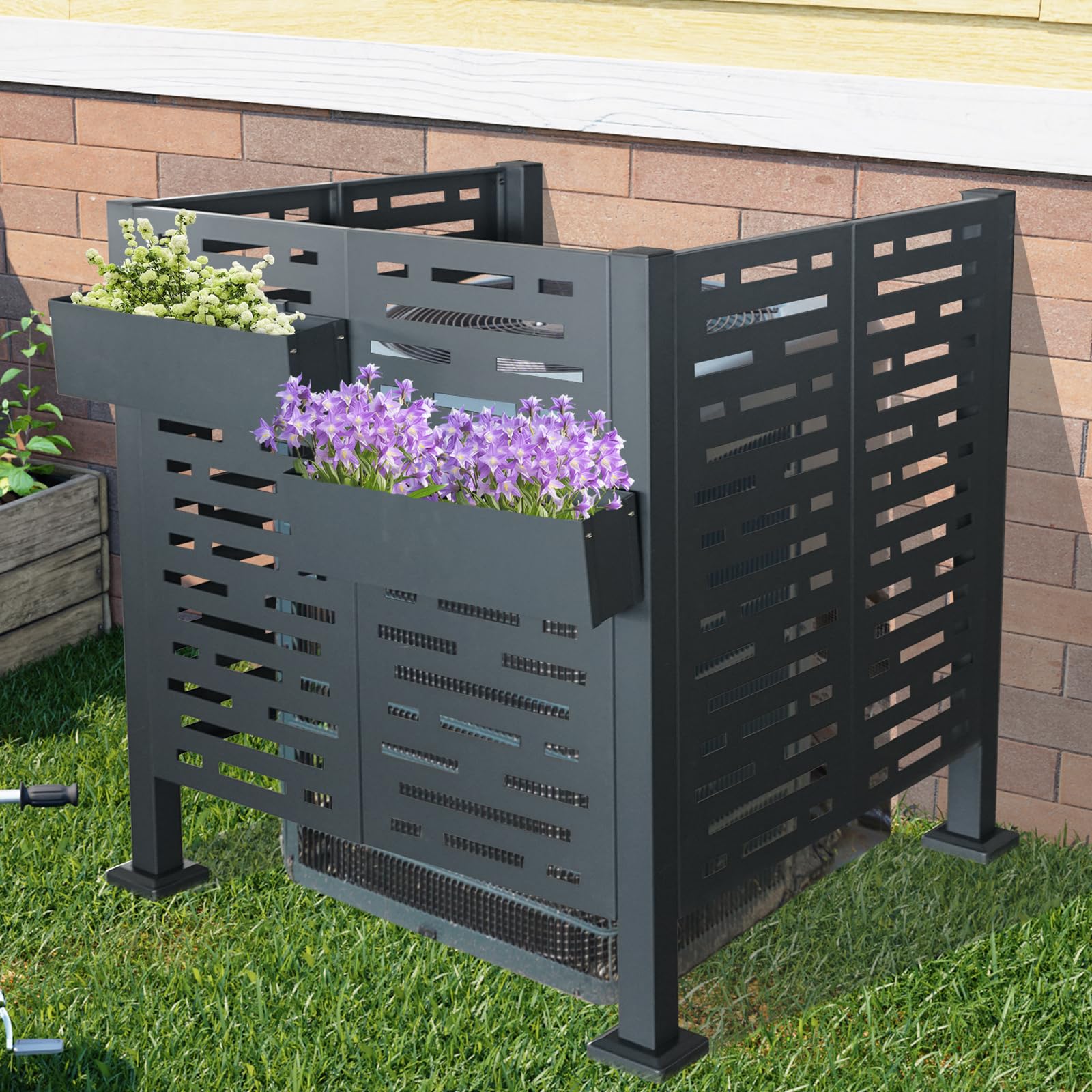 3.5FT x 3.5FT Galvanized Metal Air Conditioner Privacy Fence Cover - Rustproof Outdoor AC Unit Enclosure, Trash Can Screen Panel for Patio, Backyard & Yard - 3-Panel Charcoal Design for Ultimate Weather Protection & Aesthetic Appeal