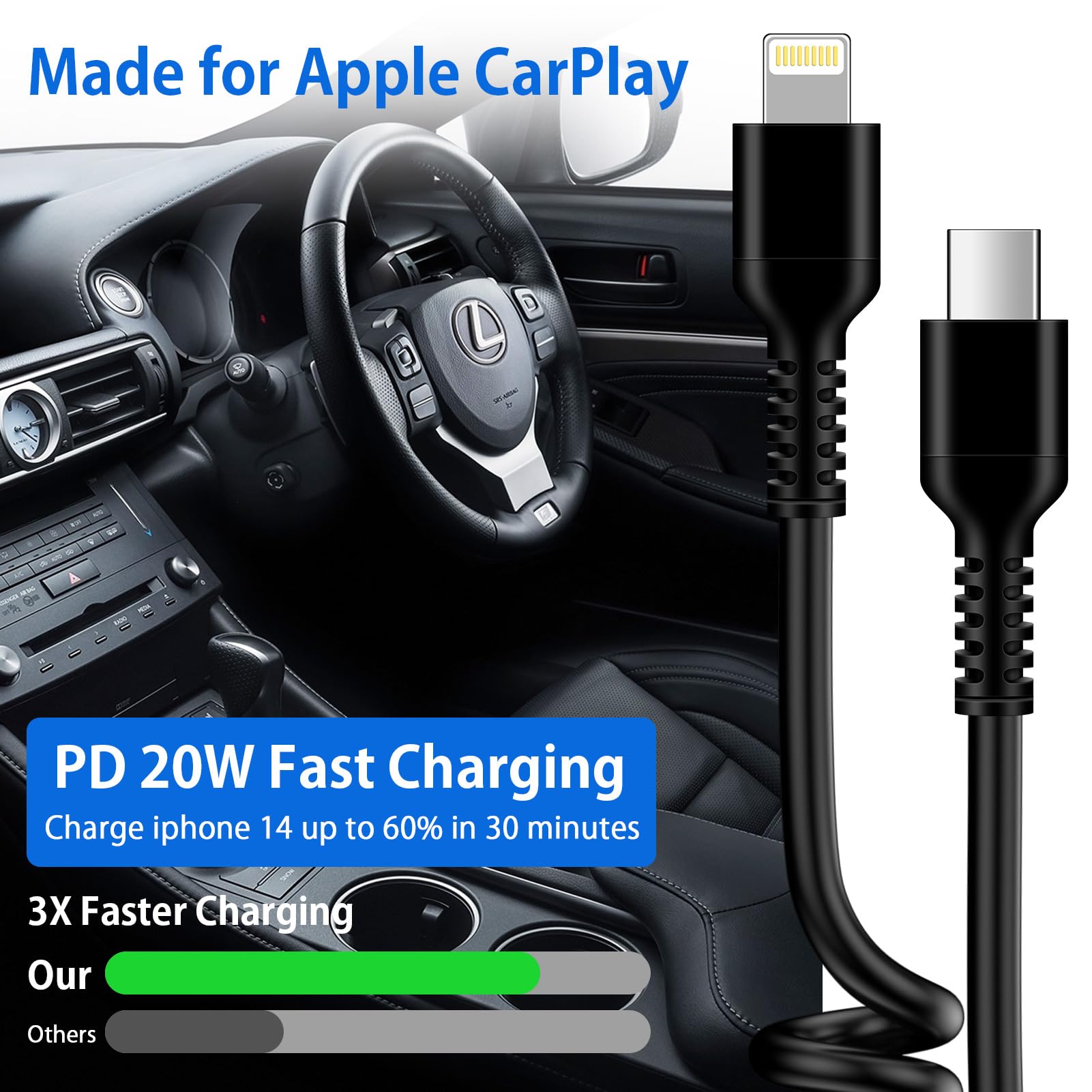 MFi Certified Coiled USB C to Lightning Cable - 3ft Short Retractable iPhone Car Charger for Apple CarPlay, Fast Charging & Data Sync Compatible with iPhone 14/13/12/11, iPad & iPod (Perfect for Cars, Travel & Home Use)