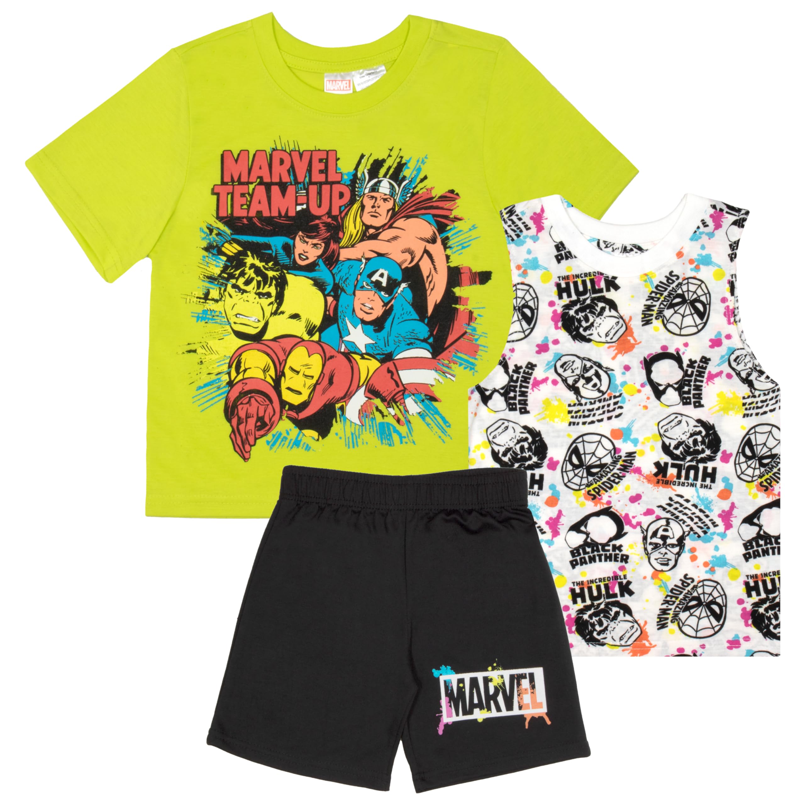 Marvel Spider-Man and Avengers Boys 3-Piece Outfit Set - Short Sleeve T-Shirt, Tank Top & Athletic Shorts | Superhero Costume for Kids | Perfect for Cosplay, Birthday Parties & Everyday Play