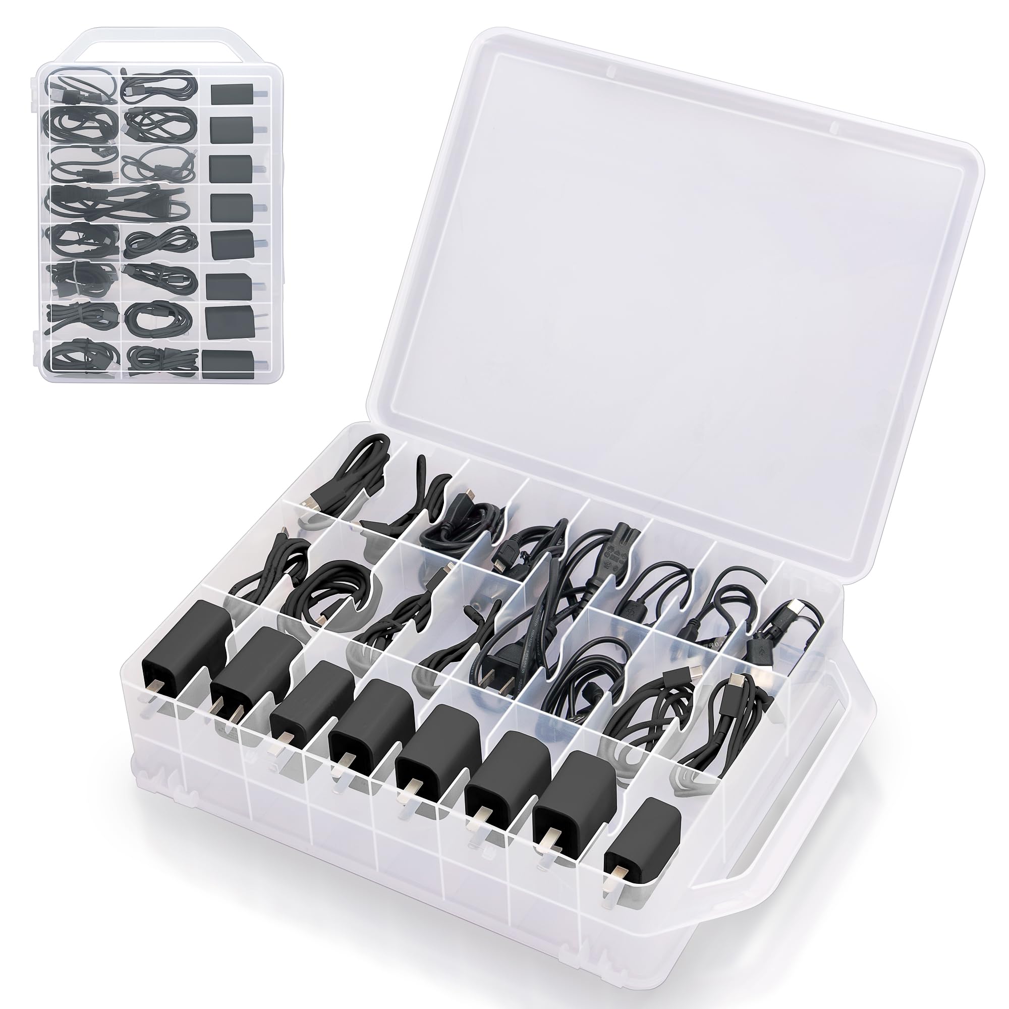 Double Sided Cable Organizer Box with Handle & Lid - 46 Compartments Clear Charging Station for Cables & Chargers - Perfect for Home Office, Travel & Electronics Storage
