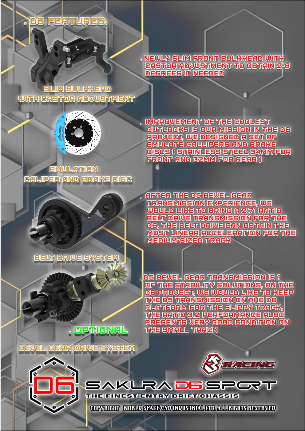 3Racing 1/10 Scale Fiber Glass Belt UMR Chassis Kit for RC Drift Cars - Sakura D6/D6S 2024 Edition (Unassembled, No Electronics) | Perfect for Competitive Drifting and On-Road Racing