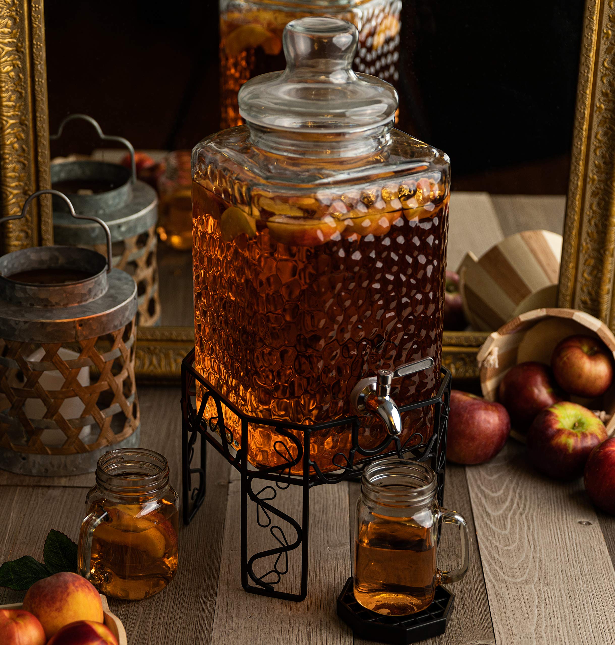 2.5 Gallon Glass Beverage Dispenser with Stainless Steel Spigot, Metal Stand & Drip Tray - Mason Jar Style Drink Dispenser for Parties, Weddings, BBQs - Perfect for Iced Tea, Lemonade, Water & Punch - Great for Outdoor Events, Catering & Home Entertaining