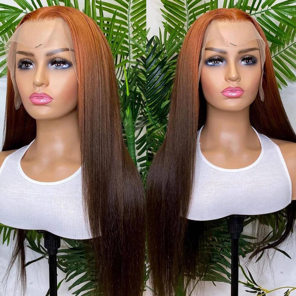Eullair Ombre Brown Ginger Body Wave/Straight Human Hair Lace Frontal Wig - Celebrity Hairstyle for Everyday Wear, Parties & Special Occasions