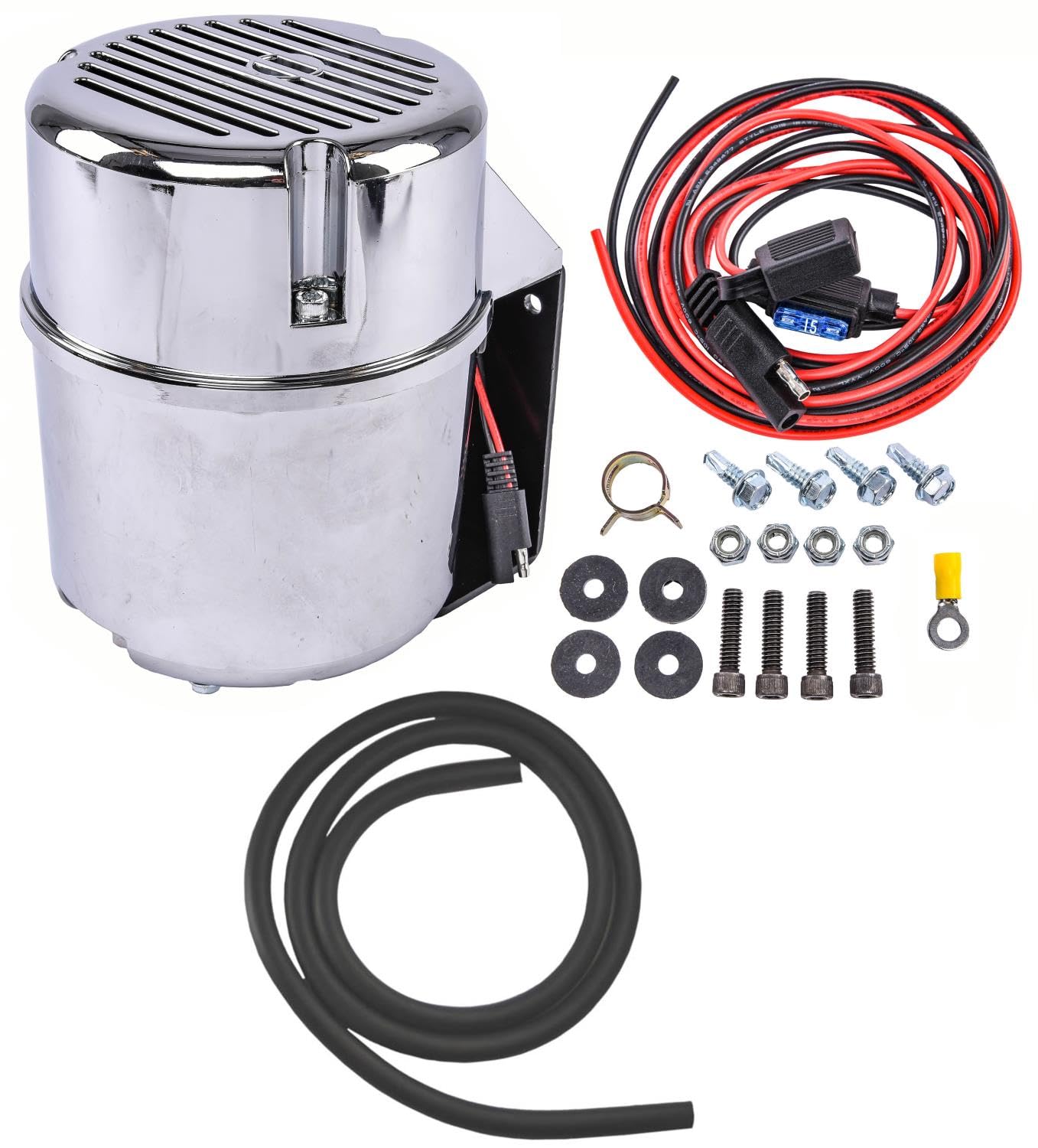 JEGS 62992 12V Electric Vacuum Pump - Chrome Concealed Canister for Car Brake Boosting, HVAC Systems & Automotive Maintenance | High Performance Compact Design
