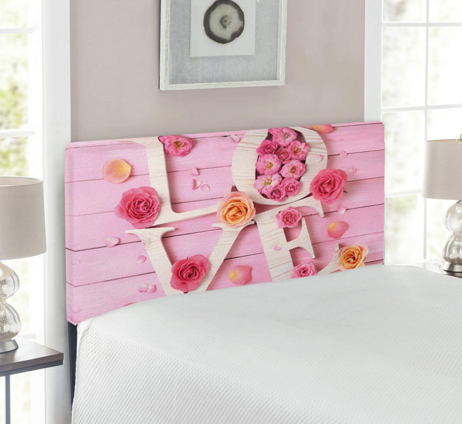 Lunarable Twin Size Upholstered Headboard - Pale Pink Cream Peach Floral Romance Valentines Theme with Wooden Love Letters & Rustic Wooden Background, Decorative Metal Bed Frame with Memory Foam | Perfect for Master Bedroom, Guest Room & Cozy Valentine's Day Decor