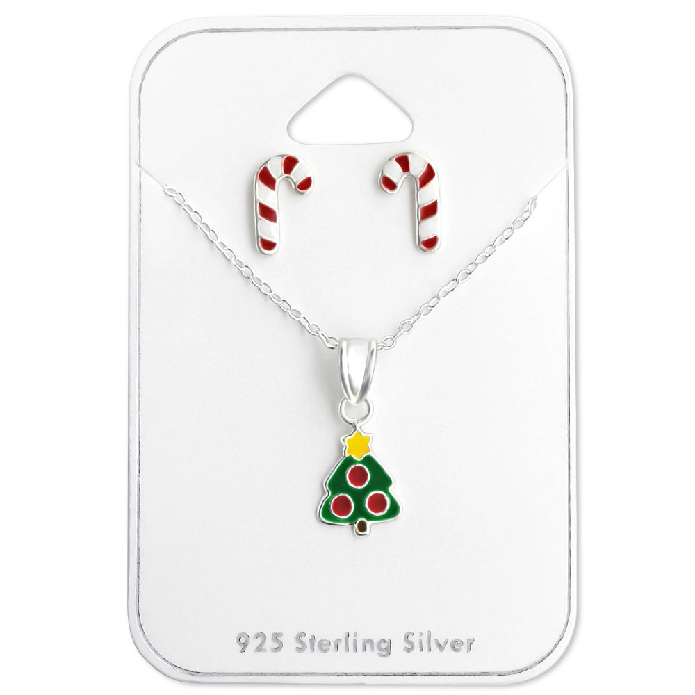 ICYROSE 925 Sterling Silver Christmas Tree Pendant Necklace & Candy Cane Stud Earrings Set - Cute Holiday Jewelry Gift for Women - Perfect for Christmas Parties, Gift Exchanges & Festive Outfits