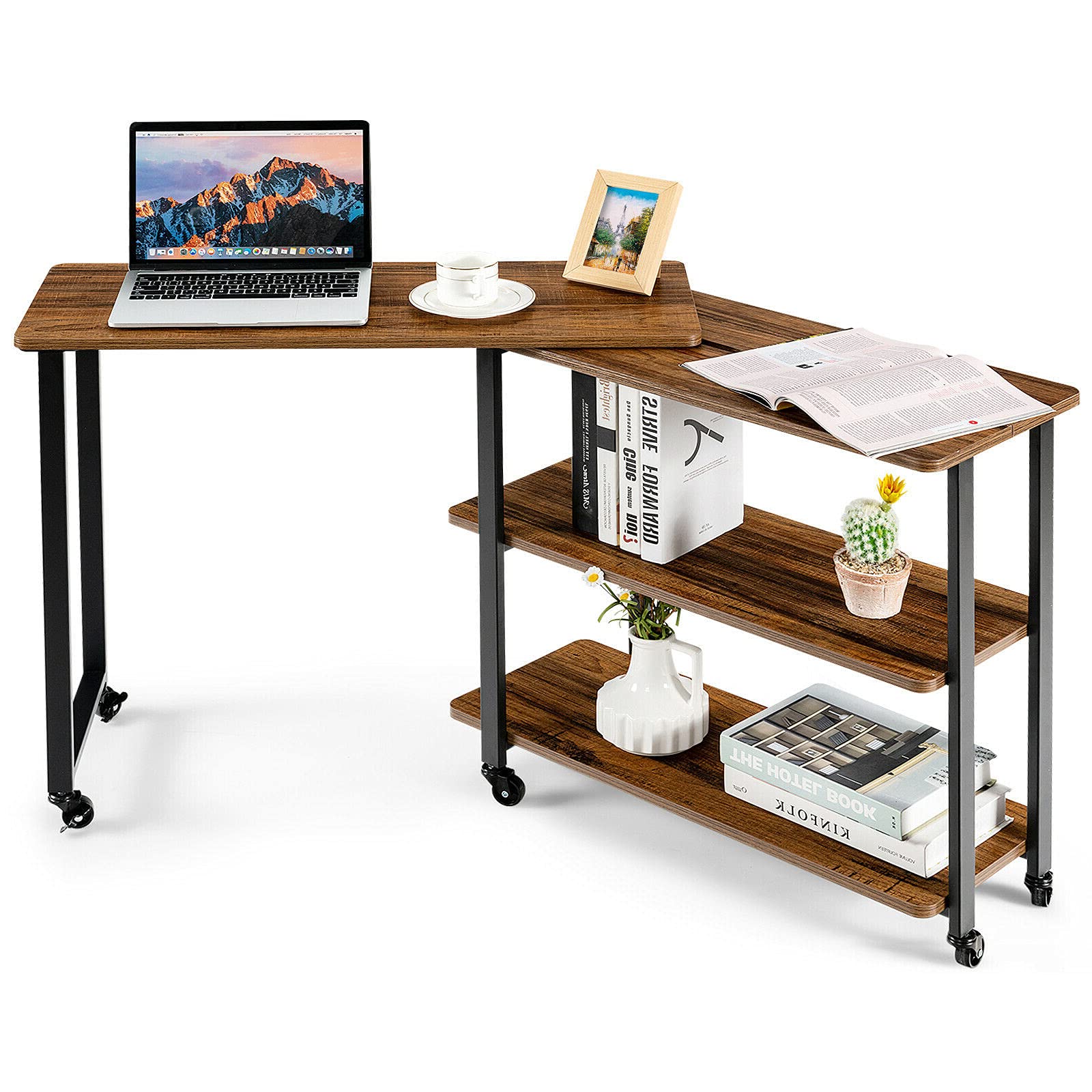 360° Rotating L-Shaped Side Table with 2-Tier Storage Shelf - Brown End Table for Sofa, Bookshelf, Computer Desk - Compact Home Office & Living Room Furniture (31.5
