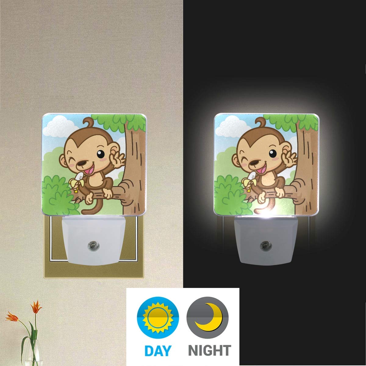 **2 Pack LED Night Light with Auto Sensor - Animal Monkey Banana Tree Plug in Night Lamp for Bedroom, Bathroom, Hallway & Stairways | Dusk to Dawn Lighting for Kids, Nursery & Safe Nighttime Navigation**