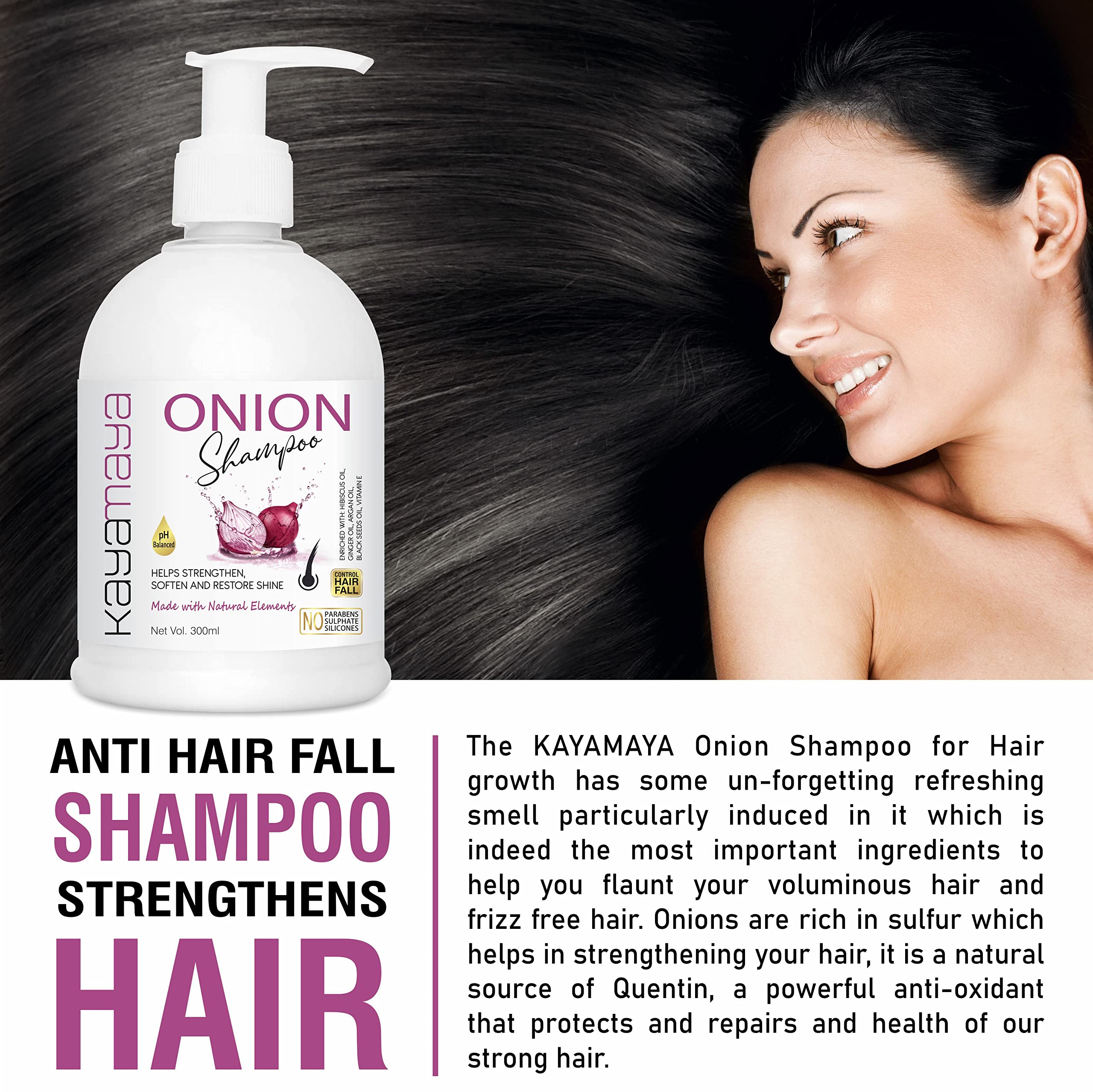 Kayamaya Onion Oil Shampoo for Hair Growth & Hair Fall Control - 300ml | Sulfate-Free & Natural Ingredients | Perfect for Thinning Hair & Scalp Care | Home & Salon Use