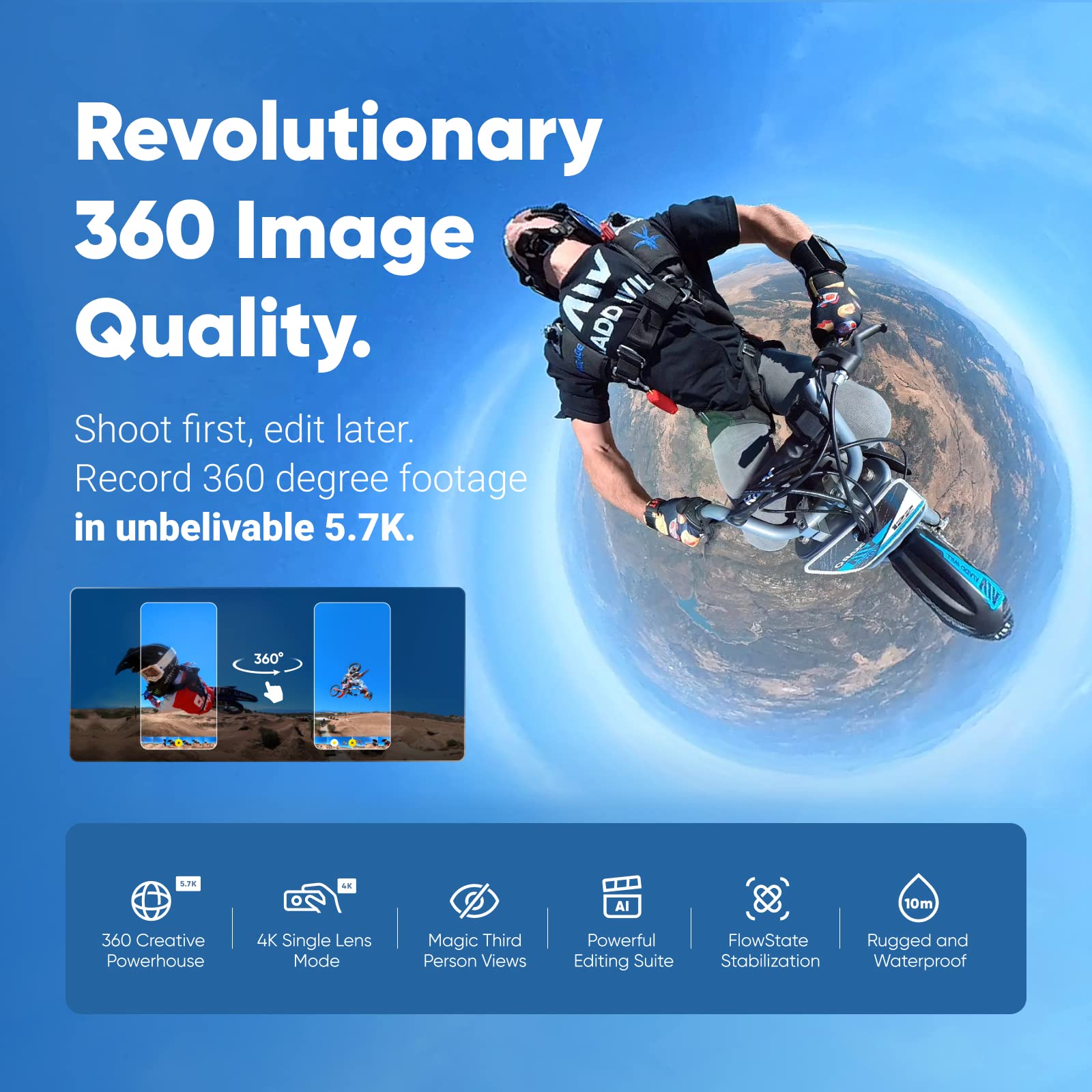 Insta360 X3 Waterproof 360 Action Camera - 5.7K HDR Video, 72MP Photos, 4K Single-Lens Mode, 60fps Me Mode, Stabilization, 2.29