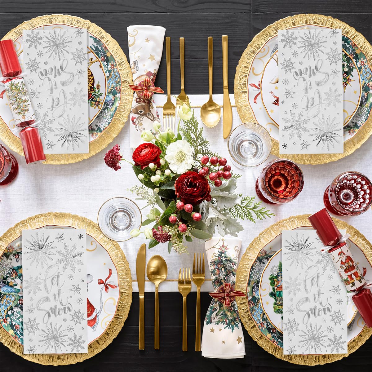 Horaldaily 100 Christmas Disposable Paper Napkins - Let It Snow White with Silver Foil - Decorative Guest Hand Towels for Holiday Parties, Lunches, Dinners, Kitchen & Bathroom - Perfect for Christmas Gatherings, Office Celebrations and Festive Home Decor