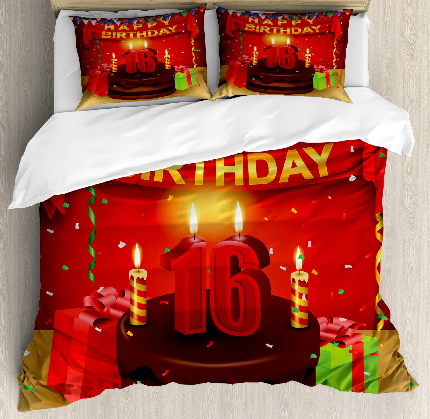 Ambesonne 16th Birthday Duvet Cover Set - Colorful Party Celebration Bedding with Flag Ribbon & Chocolate Cake Print - 3 Piece California King Size Bedding Set with 2 Pillow Shams - Perfect for Sweet 16 Parties, Teen Bedroom Decor & Birthday Gift