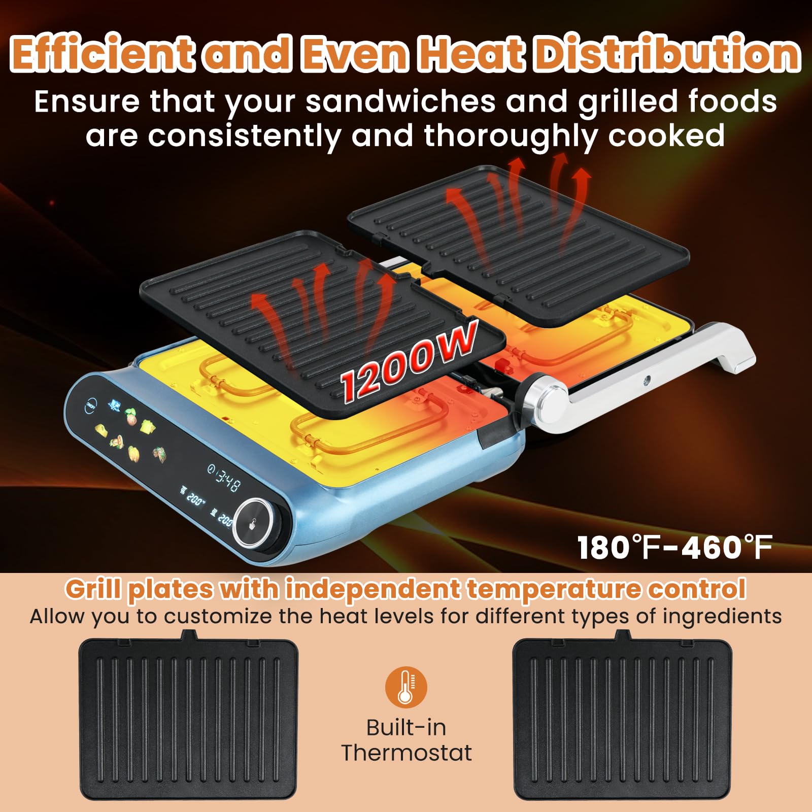 Giantex Electric Panini Press Sandwich Maker - 2 Removable Non-Stick Dishwasher Safe Plates, Drip Tray, LED Display, 7 Grilling Modes, Dual Temp Control - Perfect for Home, Office & Restaurant Breakfast, Lunch & Quick Meals