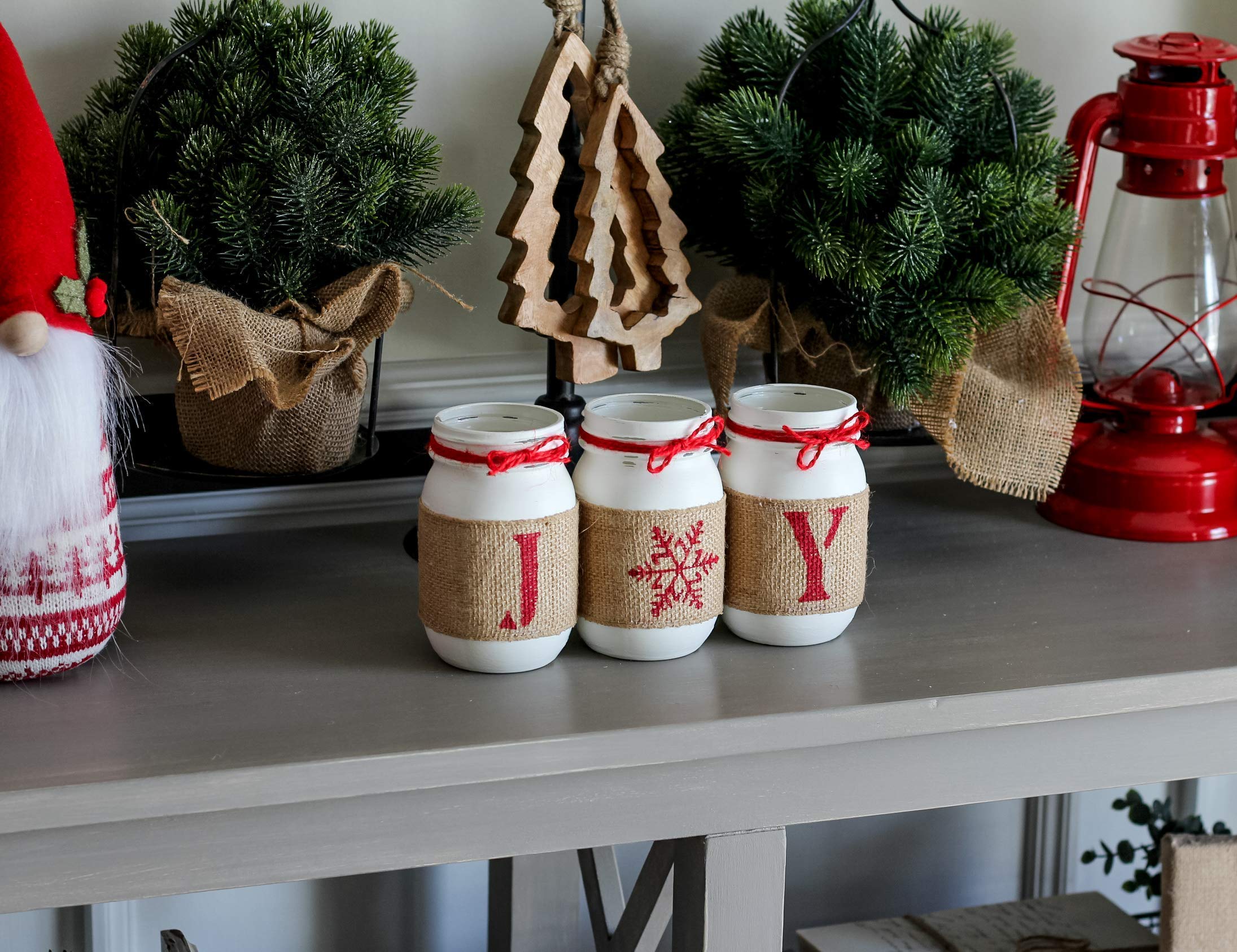 Christmas Table Centerpiece Decor - Red & White Painted Mason Jars with JOY Sign | Holiday Home Decoration Gift for Mom | Perfect for Dining Table, Mantel, or Festive Party Decor