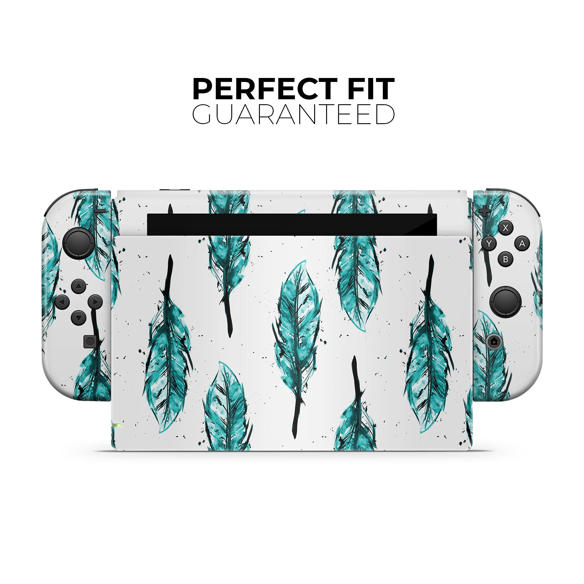 Nintendo Switch Joy-Con Skin Decal - Scratch-Resistant Removable Vinyl Wrap Cover - Splattered Teal Watercolor Feathers Design - Protective Cover for Gaming Accessories - Perfect for Switch Joy-Con Controllers Protection and Customization