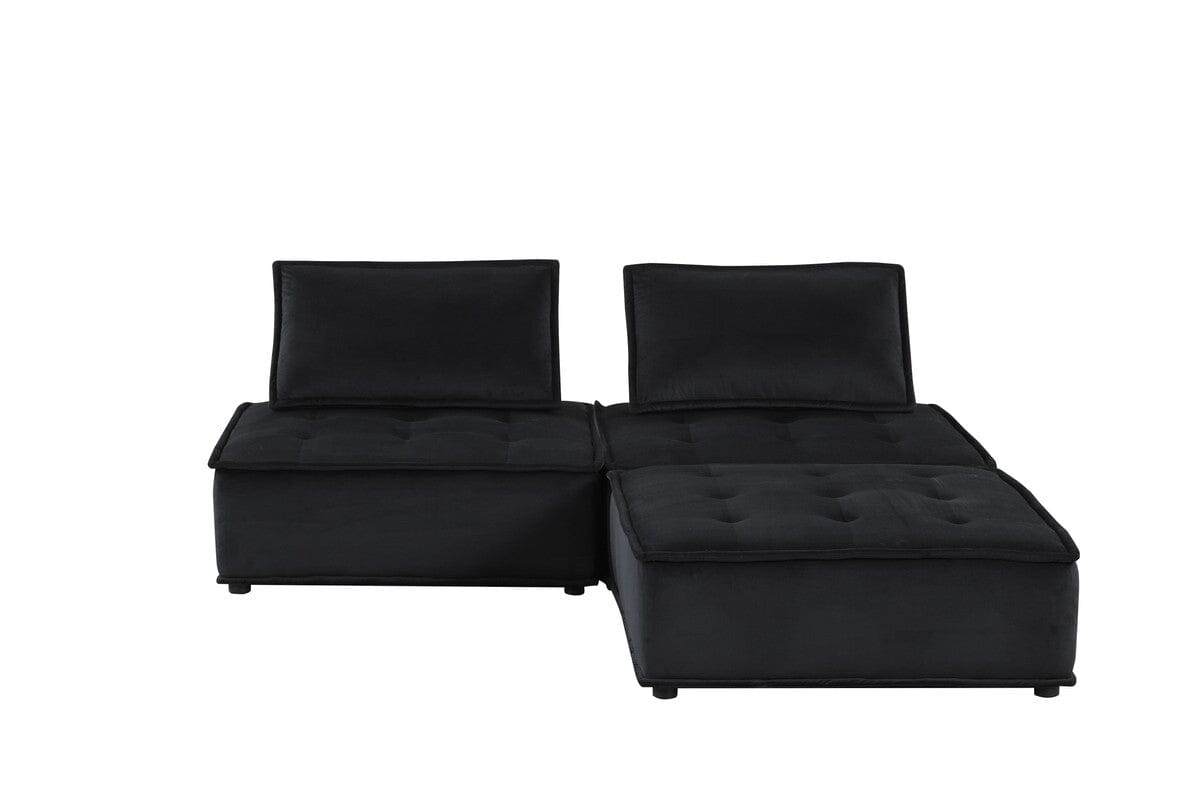 Anna Black Velvet 3-Piece Sectional Sofa with Ottoman - Modern L-Shaped Couch Set for Living Room, Lounge & Home Theater Comfort