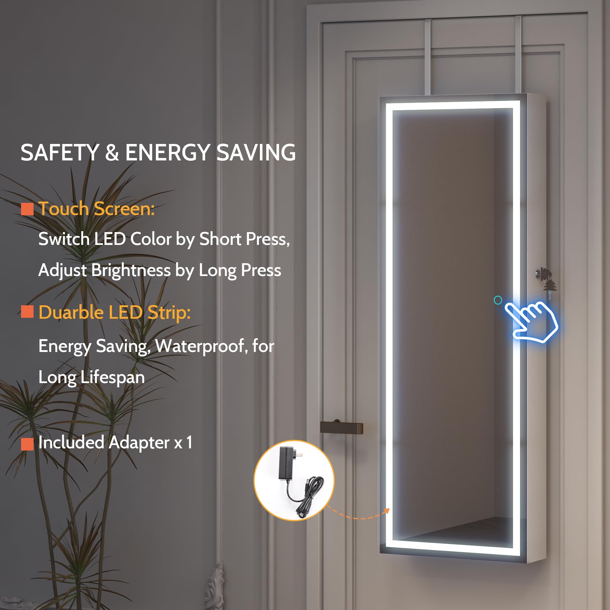 LVSOMT LED Mirror Jewelry Cabinet - Wall Mounted/Door Hanging Jewelry Organizer with Lights, Full Length Mirror & Storage - Over the Door Jewelry Armoire for Bedroom, Closet, Dressing Room (White)