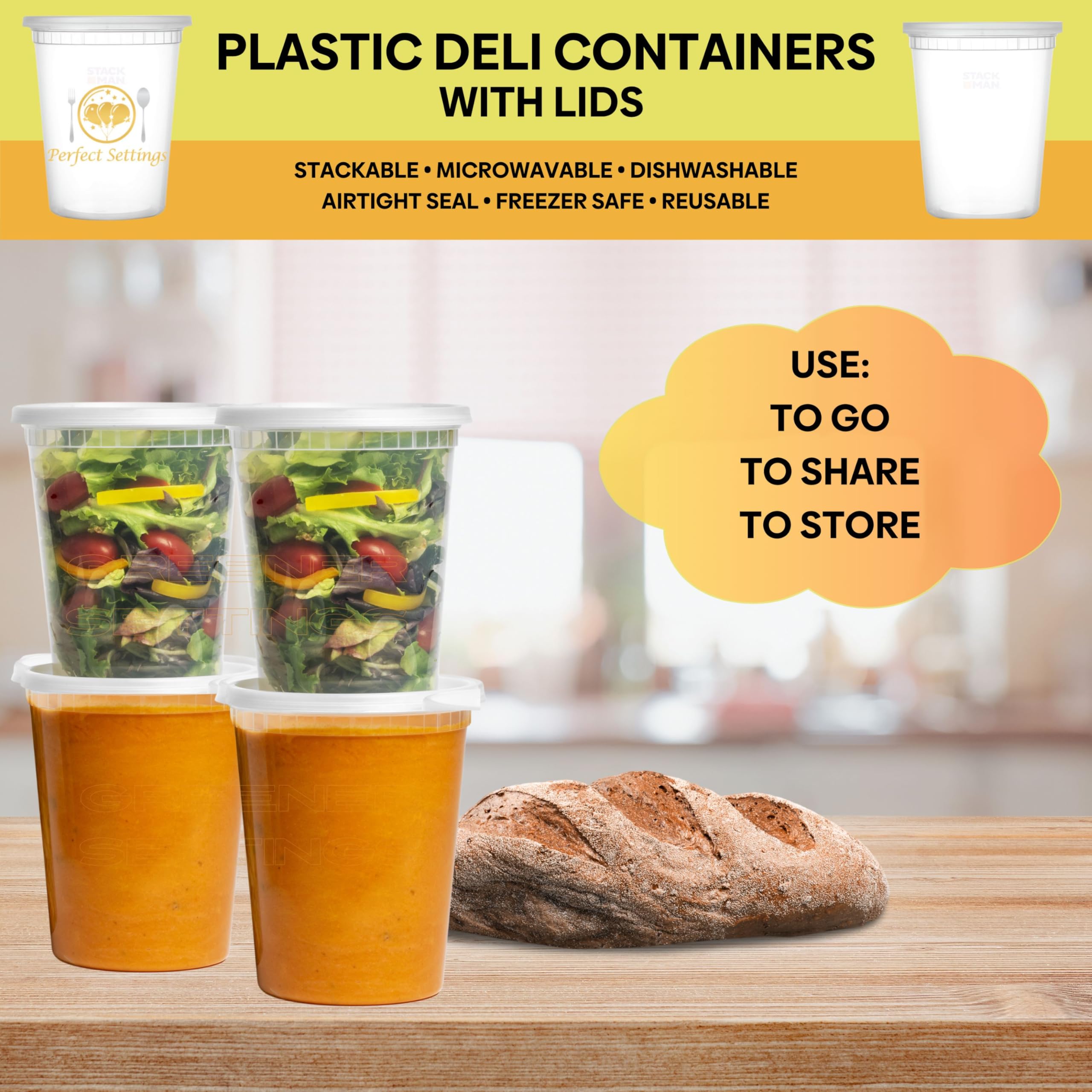 32oz Deli Containers with Lids (24-Pack) - Leakproof, Stackable & Microwave Safe Plastic Food Storage Containers - Ideal for Meal Prep, Leftovers, Soup Storage, Freezer Use & Takeout