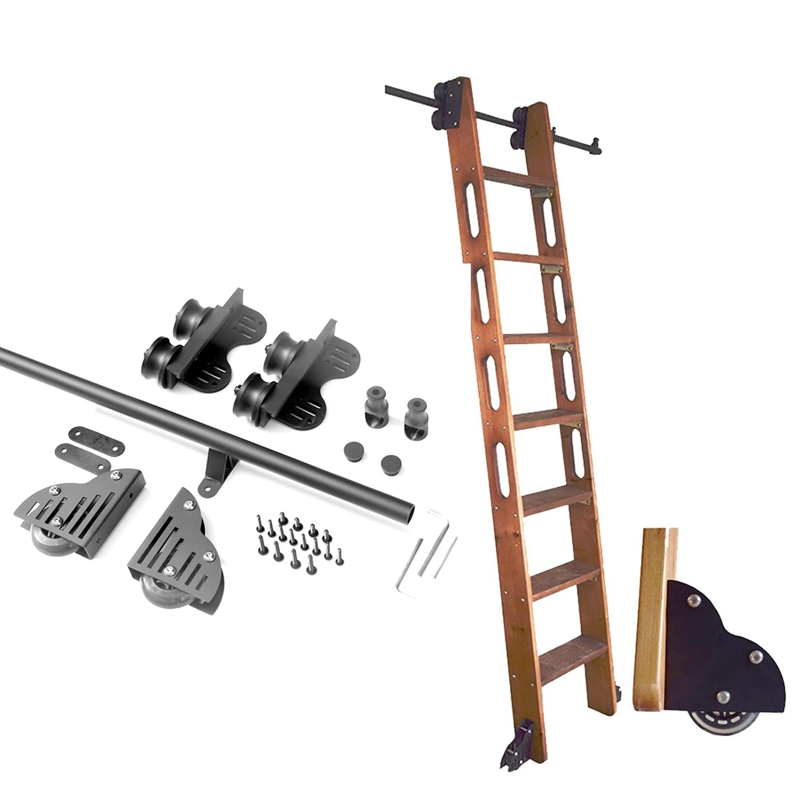 Black Sliding Barn Door Hardware Kit with Extension Rails & Floor Rollers - Heavy Duty Library Track System (16.4ft/500cm) for Home Office, Attic, Closet & Loft Spaces - No Ladder Installation Required