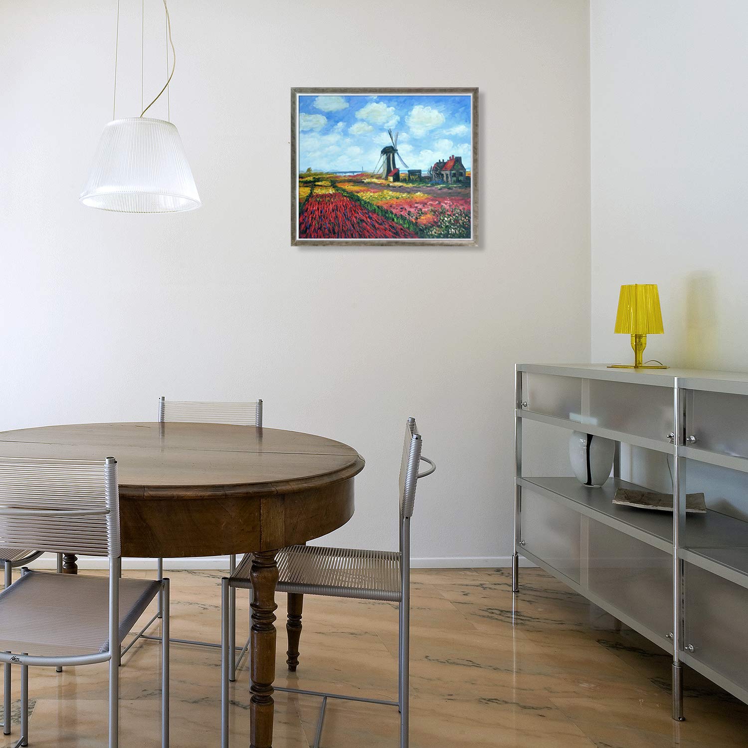 La Pastiche Hand-Painted Tulip Field with Rijnsburg Windmill Oil Painting Reproduction - 20x24 Inch Framed Wall Art, Champagne Silhouette - Perfect for Living Room, Bedroom & Office Decor