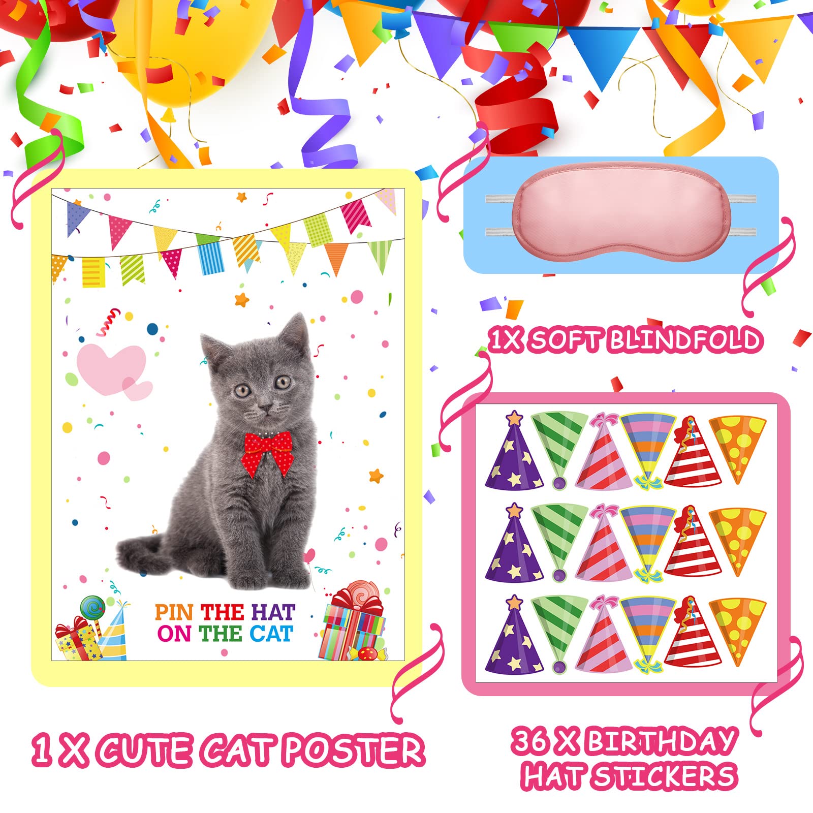 38-Piece Pin The Hat on The Cat Party Game Set - Fun Cat-Themed Birthday Party Supplies for Kids with Blindfolds & Stickers - Perfect for Birthday Parties, Family Game Nights & Classroom Activities