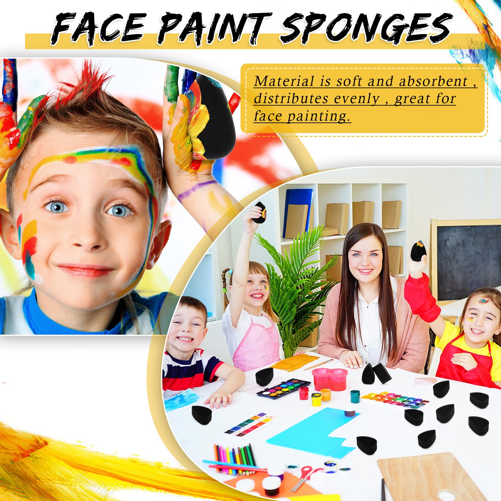24 Pcs High-Density Face Paint Sponges - Oval Petal Sponges for Kids & Adults - Halloween Makeup, Body Painting & Art Supplies (Black) - Perfect for Costume Parties, Theater & DIY Face Painting