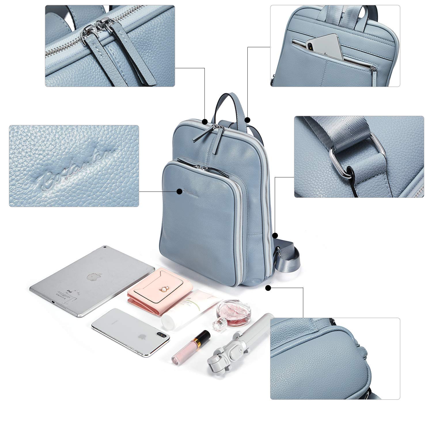 BOSTANTEN Genuine Leather Backpack Purse & RFID Blocking Women's Wallet - Small Bifold Zipper Card Holder with ID Window (Blue) - Perfect for Travel, Work & Everyday Use