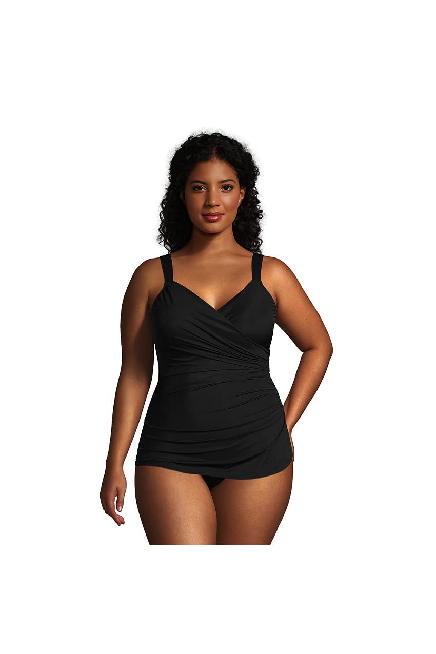Lands' End Women's Mastectomy Slender V-Neck Tummy Control Chlorine Resistant Skirted One Piece Swimsuit | Post-Surgery Swimwear | Pool & Beach Cover-Up for Confidence