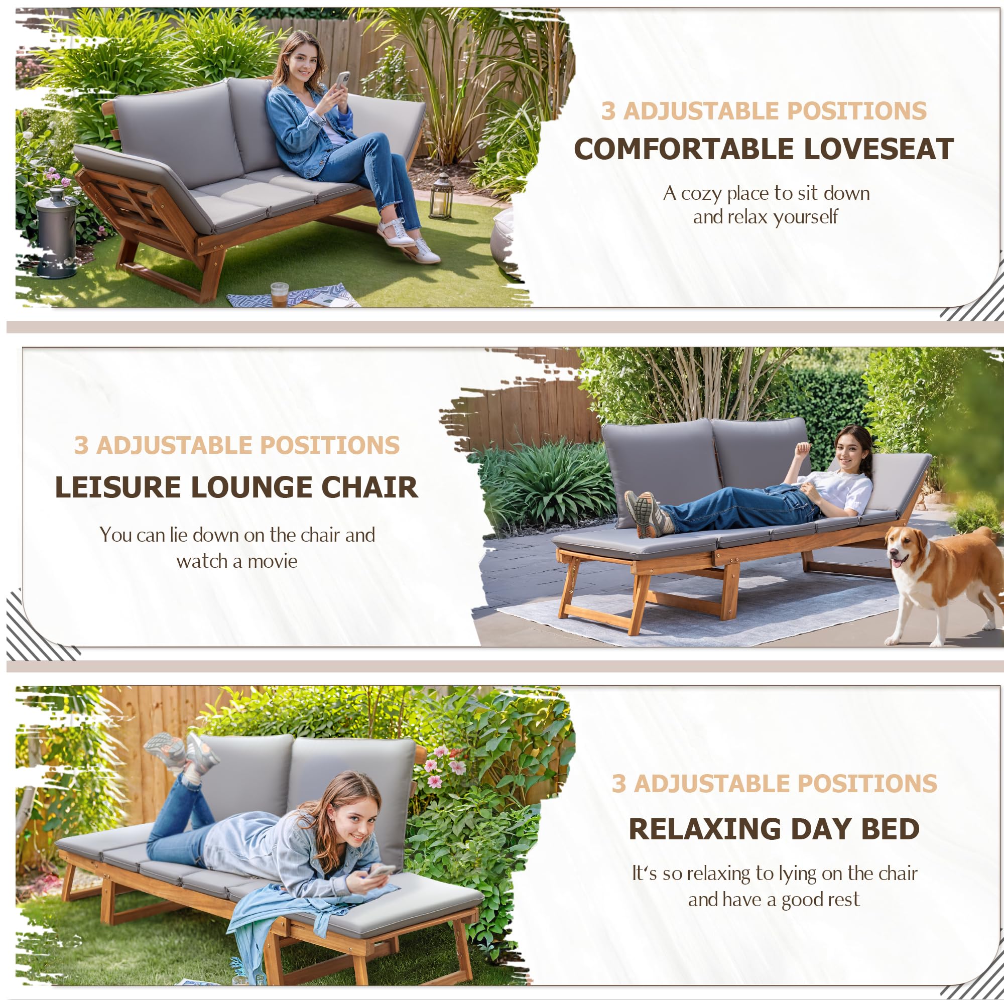 Devoko Outdoor Couch - Acacia Wood Patio Sofa with Adjustable Armrests & Removable Cushions - Convertible Lounge Furniture for Patio, Porch, Poolside, Garden (Grey) - Perfect for Relaxing, Sunbathing and Outdoor Entertaining
