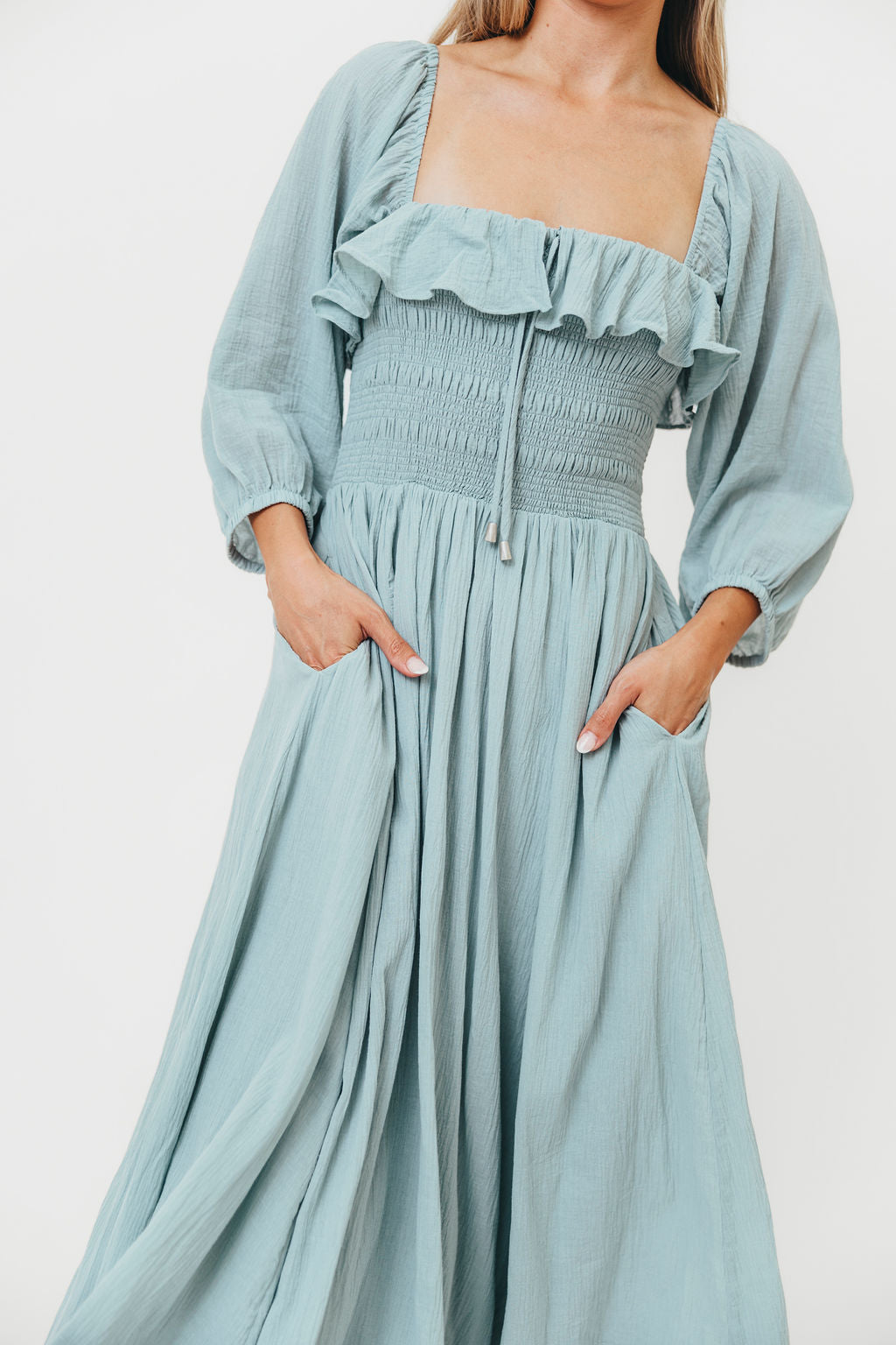 Miffy Ruffled Smocking Flowy Midi Dress in Mint Green - Perfect for Summer Weddings, Garden Parties & Casual Outings