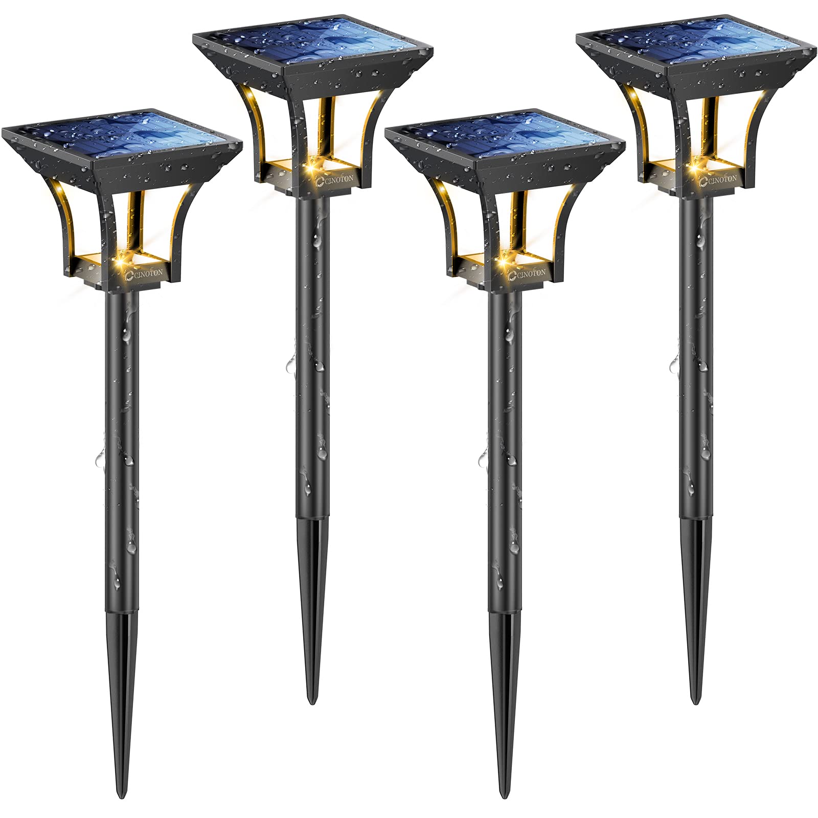 CINOTON 4 Pack Solar Pathway Lights Outdoor, IP65 Waterproof LED Solar Garden Lights with 2 Brightness Modes - Warm White for Patio, Lawn, Porch, Walkway, Backyard, Driveway & Sidewalk | Perfect for Landscape Lighting, Garden Decoration and Nighttime Safety
