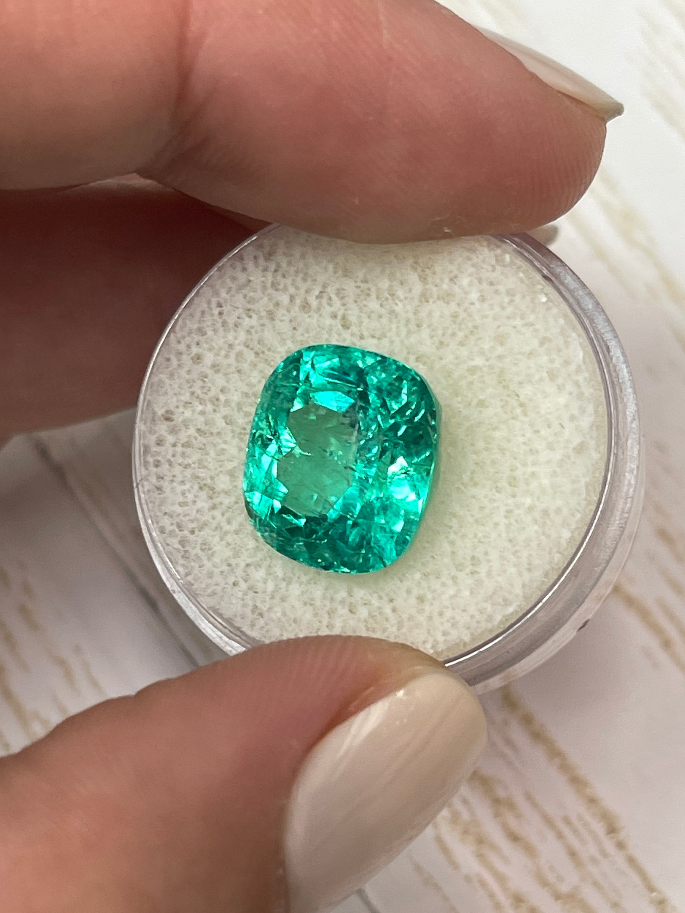 8.46 Carat GIA Certified 13x12mm Bluish Green Natural Loose Cushion Cut Colombian Emerald Gemstone for Jewelry Making, Engagement Rings & Luxury Gifts