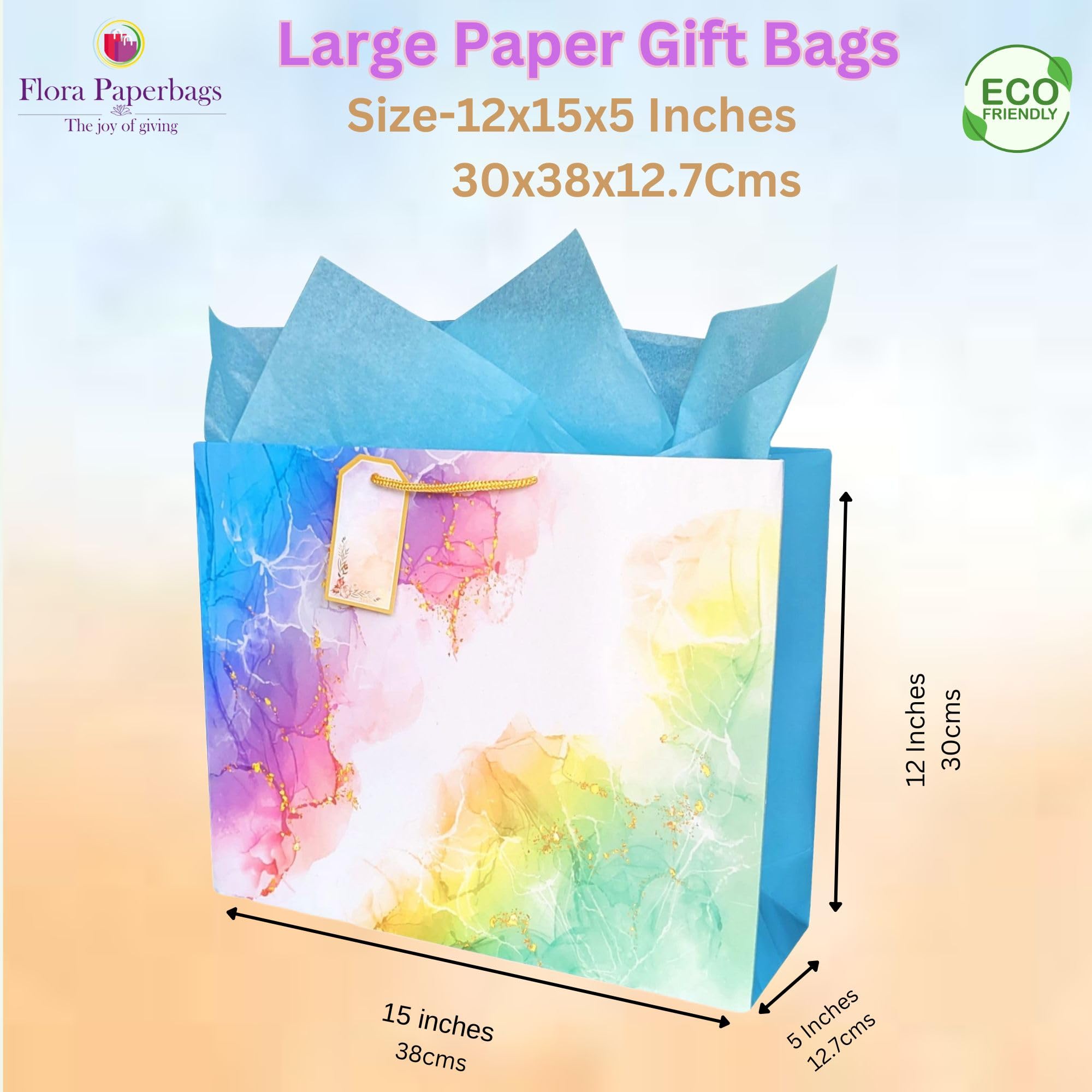 Premium Large Paper Gift Bags with Tissue & Thank You Card - 12x15x5 inches (Pack of 5) - Elegant Wedding, Birthday & Party Favor Bags for Return Gifts, Goodie Bags & Special Occasions
