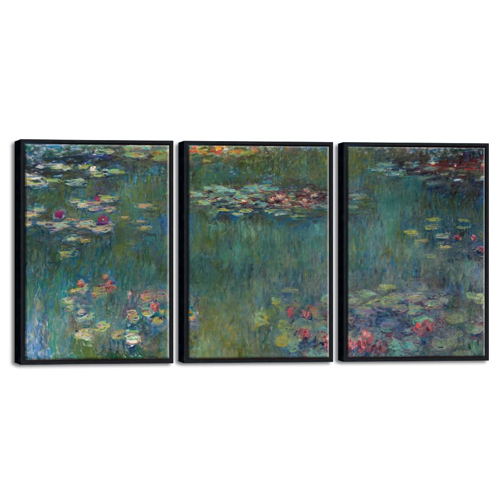 Claude Monet Water Lilies Framed Canvas Wall Art - 3 Panel Impressionist Flower Painting Prints for Living Room & Bedroom Decor | Famous Oil Painting Reproduction | Home & Office Wall Decor