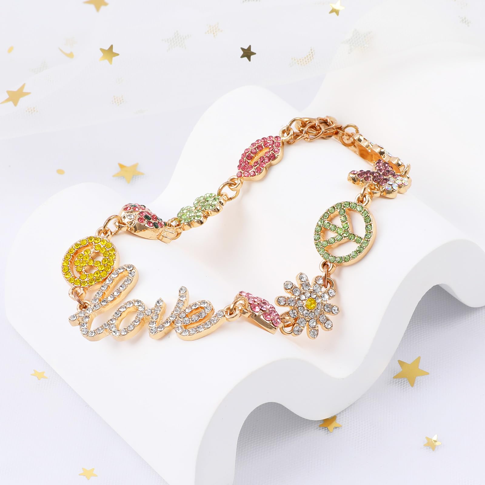 Cute Colorful Love Heart Charm Bracelets for Women - Adjustable Smiley Bear Butterfly Peace Sign Flower Beetle Red Lip Clover Animal Gold Link Hippie Statement Bracelets | Y2K Preppy Jewelry Gift for Women, Girls, Teens | Perfect for Parties, Gifts, Everyday Wear