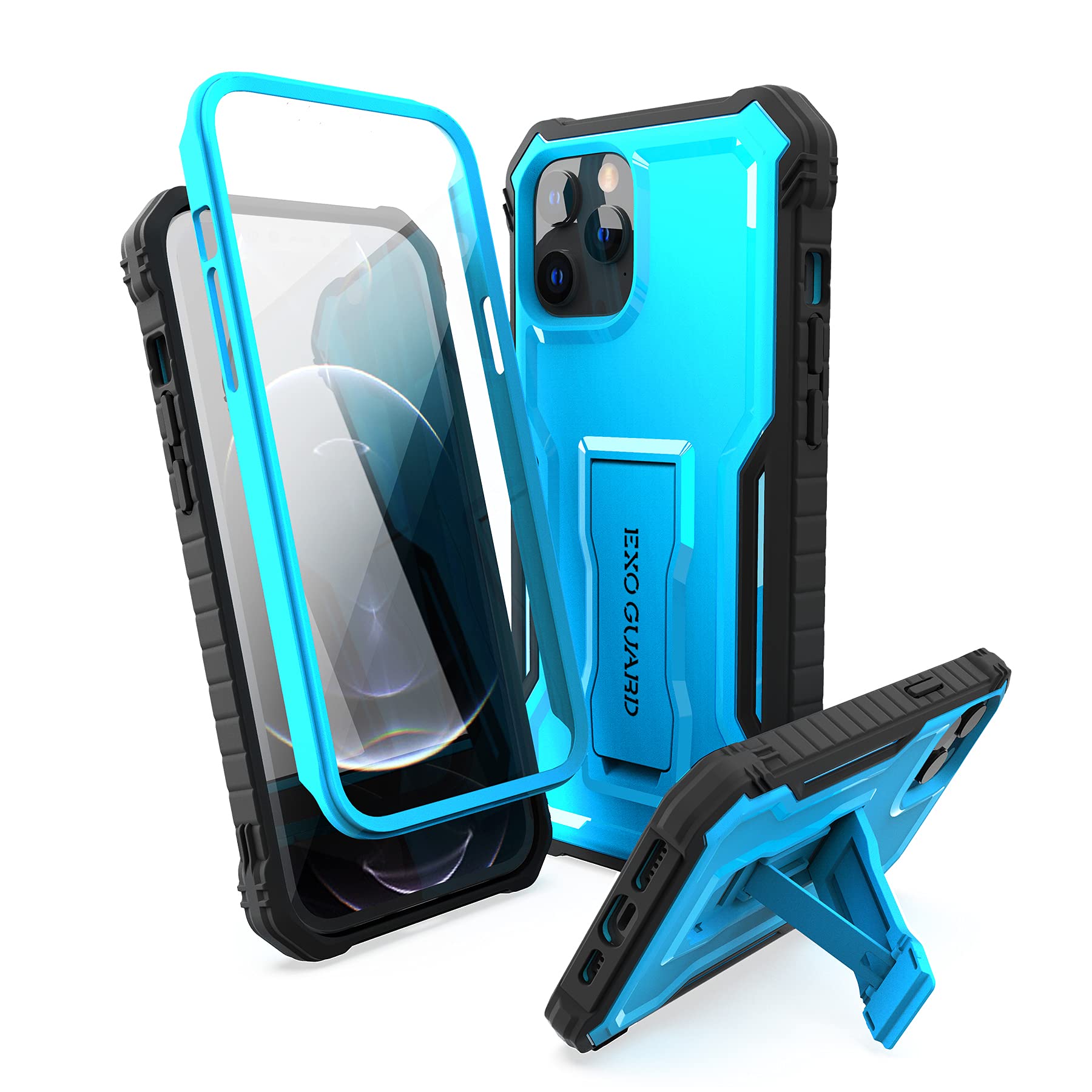ExoGuard Shockproof Rugged Case for iPhone 12 Pro Max (6.7 inch) | Heavy Duty Full Body Protection with Built-in Screen Protector & Kickstand | Perfect for Outdoor, Work & Travel (Blue)