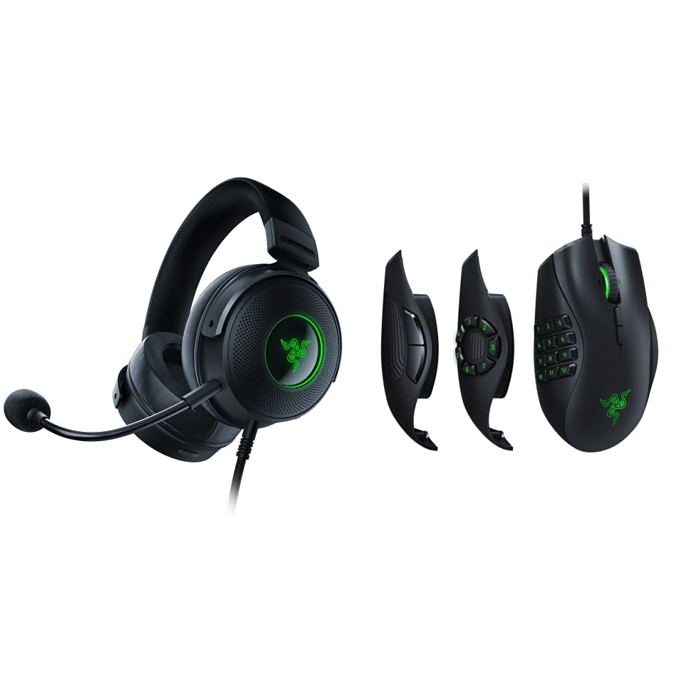 Razer Kraken V3 HyperSense Wired USB Gaming Headset with Haptic Technology - 50mm Triforce Titanium Drivers, THX Spatial Audio, Hybrid Fabric & Naga Trinity Gaming Mouse with Mechanical Switches - Perfect for PC, PS5, Xbox Series X Gaming and Streaming